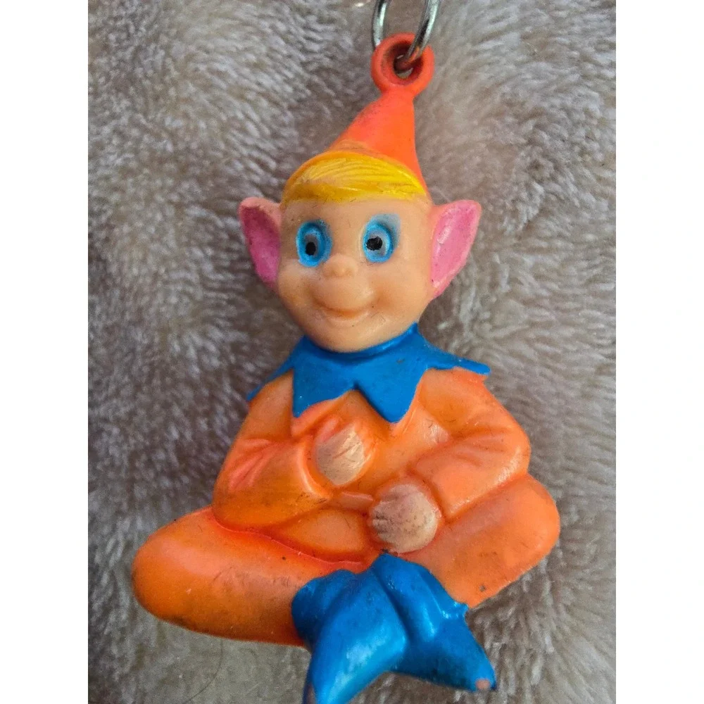 Vintage Rubber Elf Keychain Hong Kong Pixie Troll Figure Orange Blue Retro